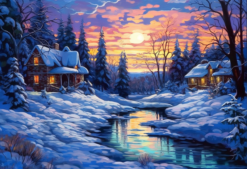 小屋寒冷冬天雪地月光星空森林里的小河小路插画,插画/手绘图,插画/手绘图库,插画/手绘图下载,插画/手绘